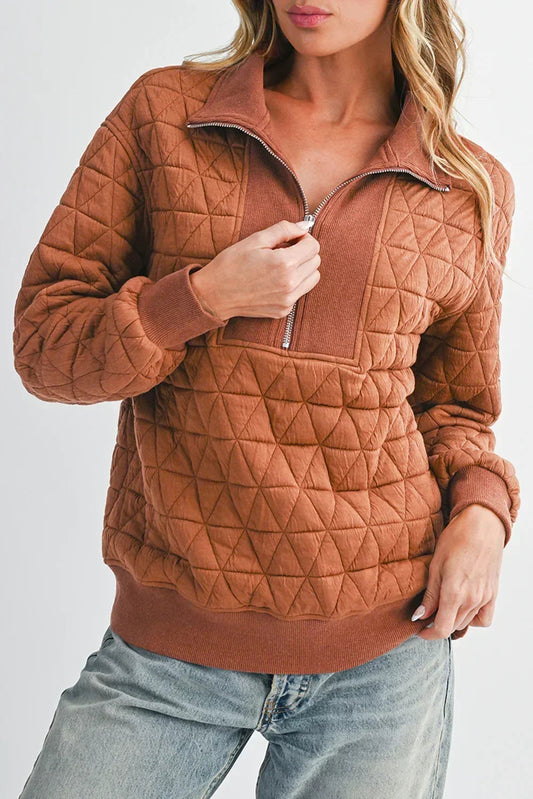 Brown Textured Zipper Neck Long Sleeve Pullover